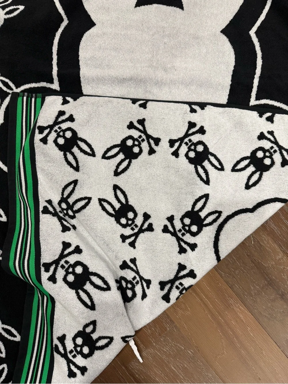 Psycho Bunny Black, White & Green Striped Knit Scarf with Logo Tag